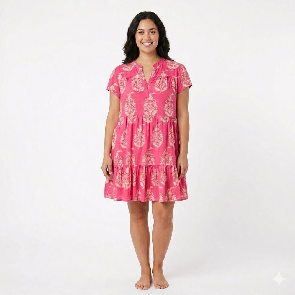 Madison Mathews Dress Sz XL Pink Tiered Cottage Floral Prairie Cotton Flowy FLAW
